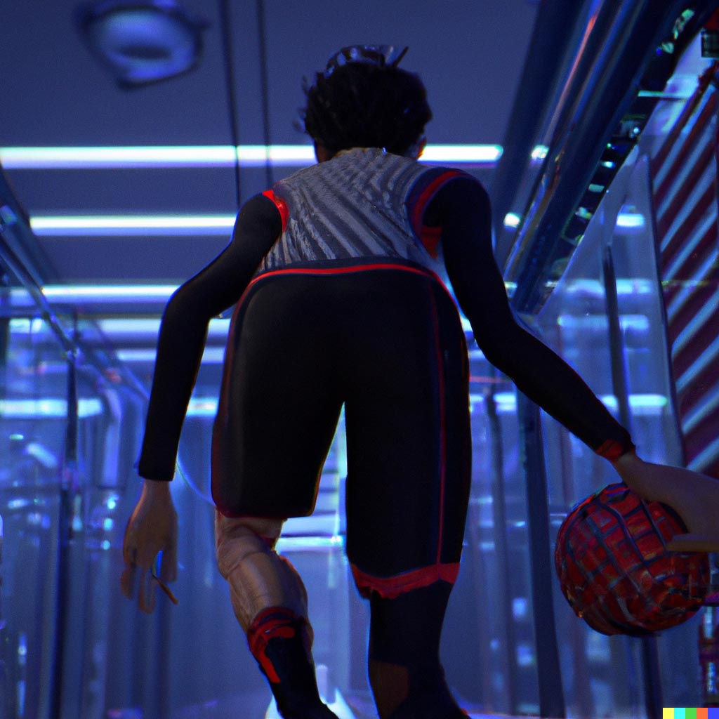 DALL·E prompt: A basketball player dribbling a basketball viewed from behind in the aisle of data center, Spider-Man_ Into the Spiderverse (2018)